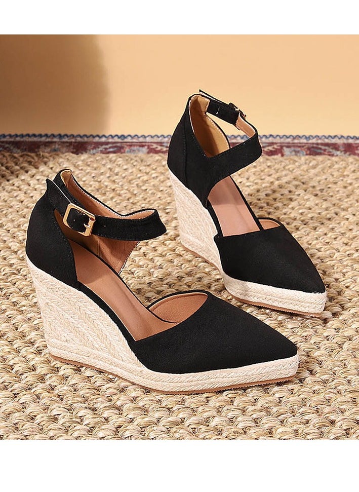 Women's Platform Espadrilles Wedge Heeled Sandals Ankle Strap Closed Pointed Toe Wedge Shoes Black