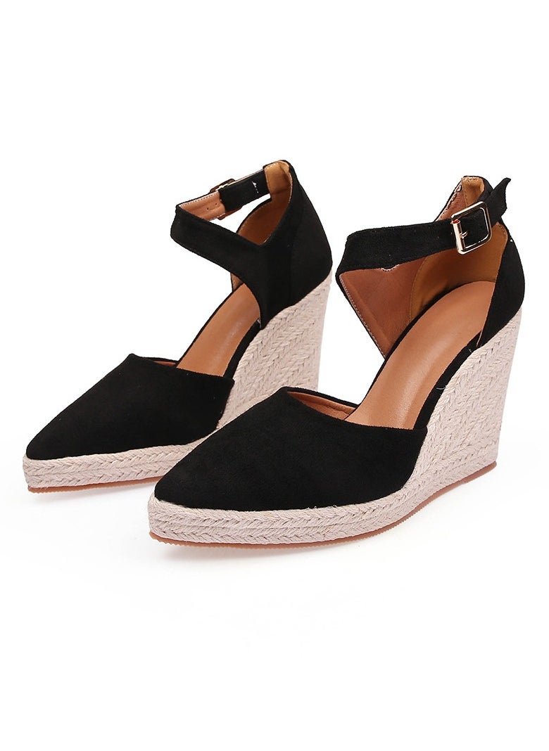 Women's Platform Espadrilles Wedge Heeled Sandals Ankle Strap Closed Pointed Toe Wedge Shoes Black