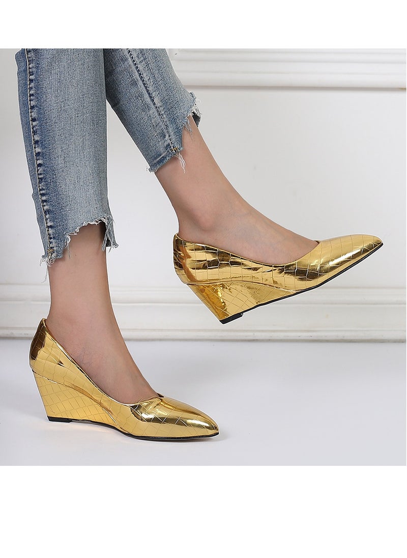 Women's Shiny Platform Wedge Heeled Sandals Slip On Closed Pointed Toe Wedge Pumps Gold