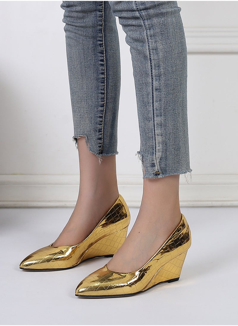 Women's Shiny Platform Wedge Heeled Sandals Slip On Closed Pointed Toe Wedge Pumps Gold