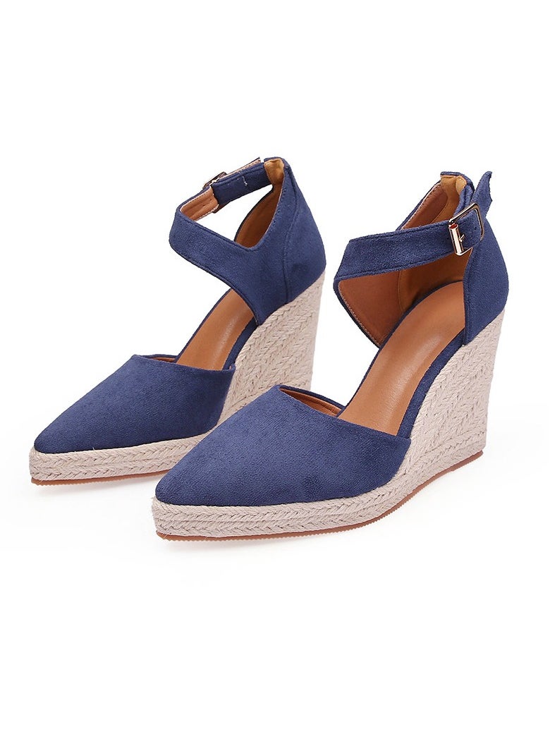 Women's Platform Espadrilles Wedge Heeled Sandals Ankle Strap Closed Pointed Toe Wedge Shoes Navy Blue