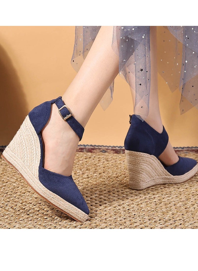 Women's Platform Espadrilles Wedge Heeled Sandals Ankle Strap Closed Pointed Toe Wedge Shoes Navy Blue