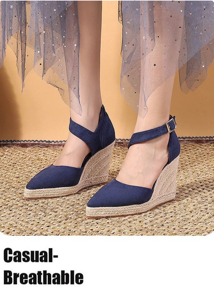 Women's Platform Espadrilles Wedge Heeled Sandals Ankle Strap Closed Pointed Toe Wedge Shoes Navy Blue