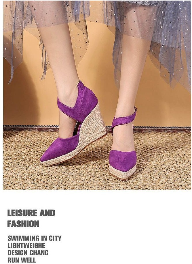 Women's Platform Espadrilles Wedge Heeled Sandals Ankle Strap Closed Pointed Toe Wedge Shoes Rose Purple