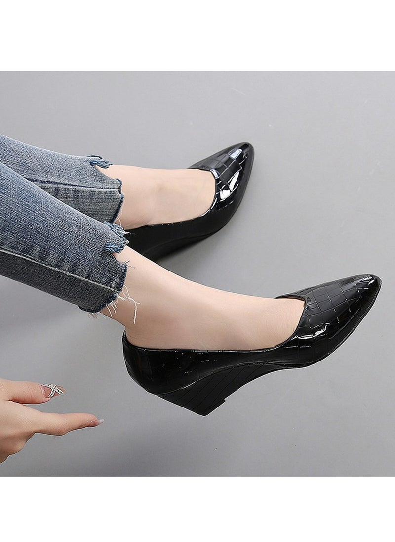 Women's Shiny Platform Wedge Heeled Sandals Slip On Closed Pointed Toe Wedge Pumps Black