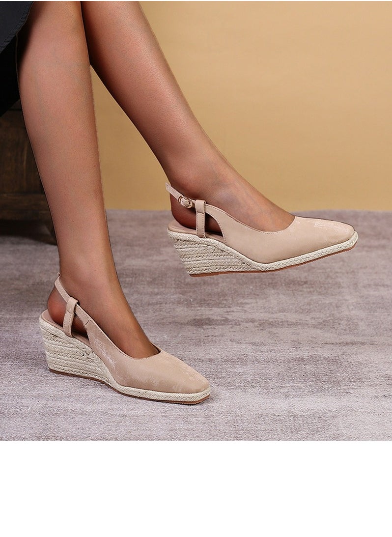 Espadrilles Wedge Sandals Closed Square Toe Slingback Buckle Strap Wedges Pumps Platform Heeled Sandal Apricot