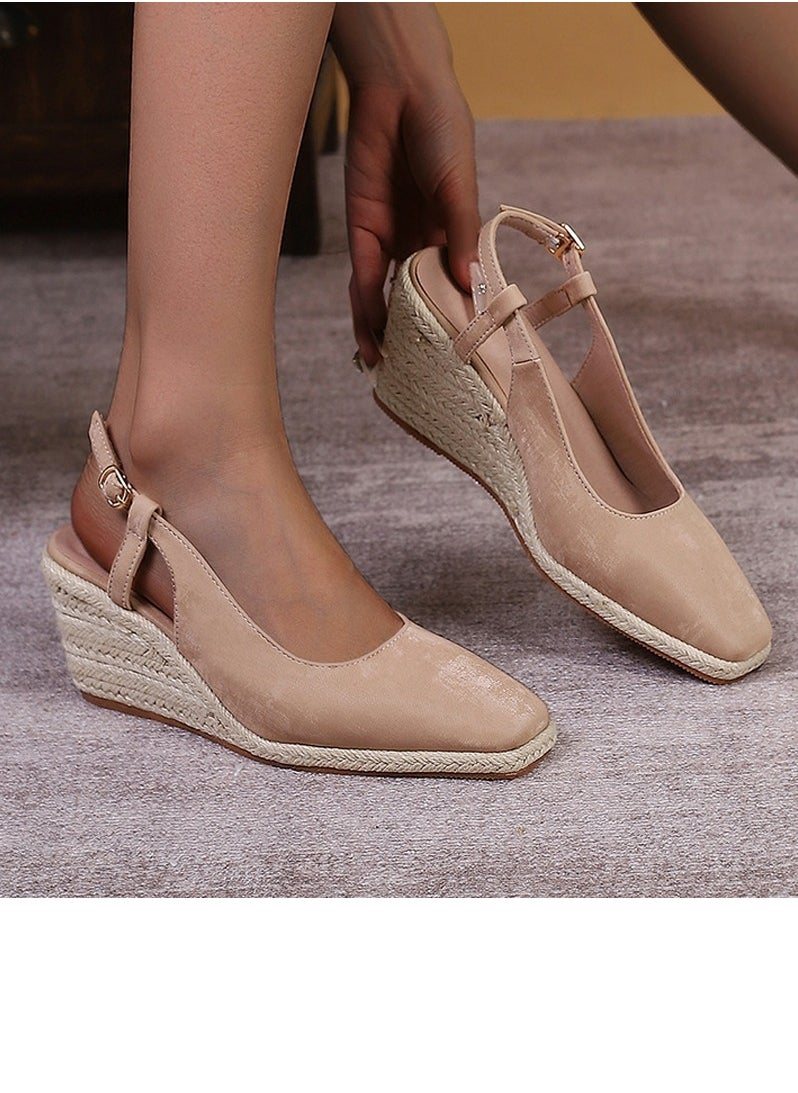 Espadrilles Wedge Sandals Closed Square Toe Slingback Buckle Strap Wedges Pumps Platform Heeled Sandal Apricot