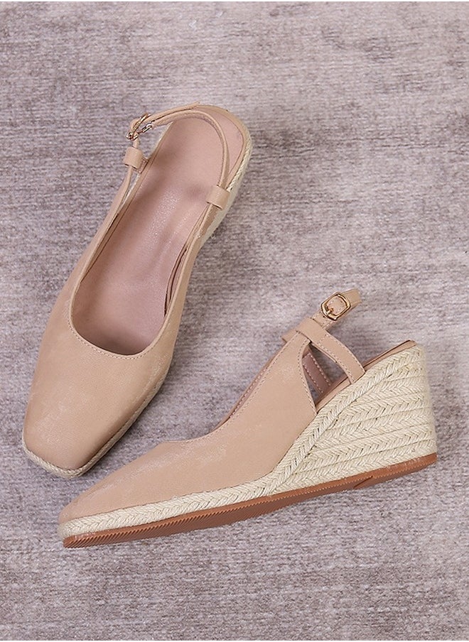 Espadrilles Wedge Sandals Closed Square Toe Slingback Buckle Strap Wedges Pumps Platform Heeled Sandal Apricot