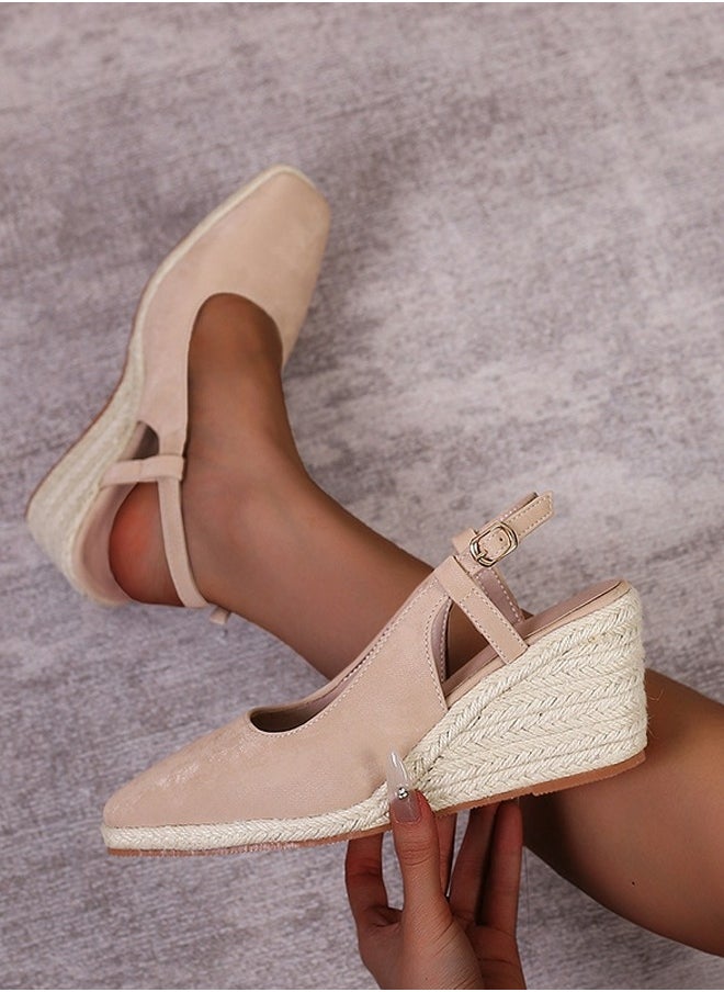 Espadrilles Wedge Sandals Closed Square Toe Slingback Buckle Strap Wedges Pumps Platform Heeled Sandal Apricot