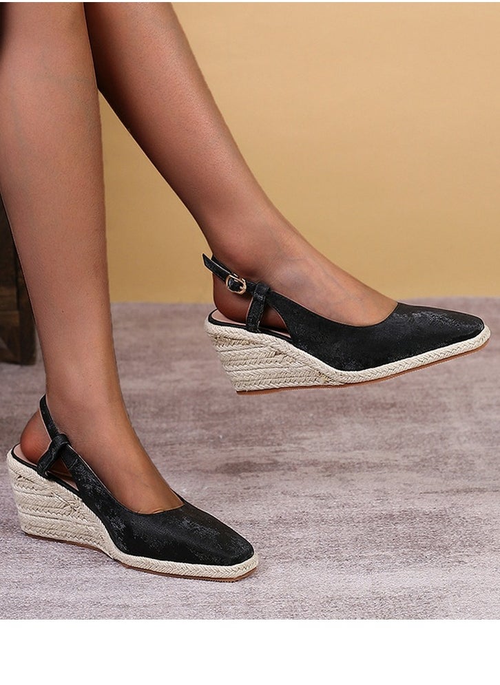 Espadrilles Wedge Sandals Closed Square Toe Slingback Buckle Strap Wedges Pumps Platform Heeled Sandal Black