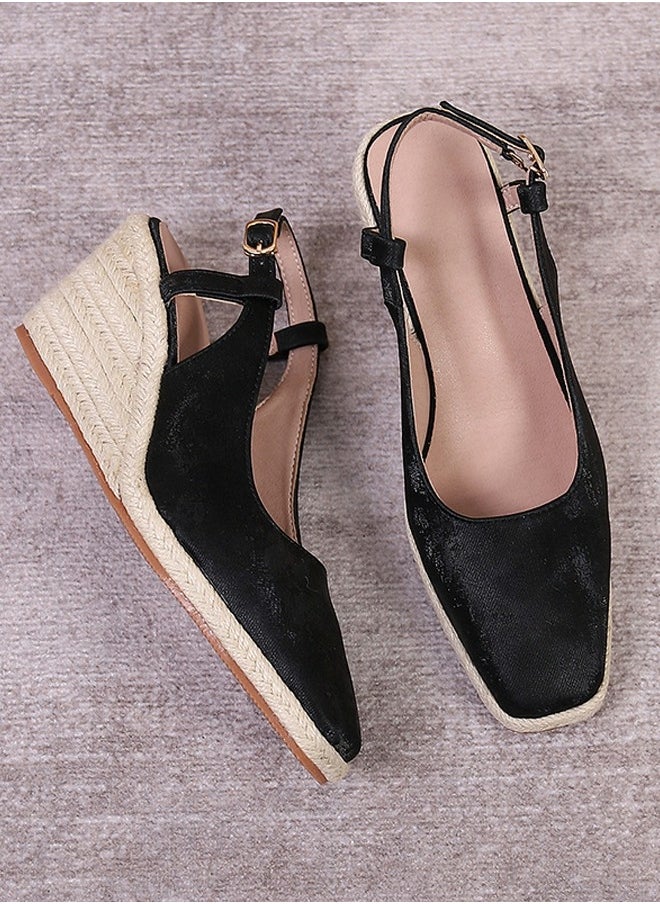 Espadrilles Wedge Sandals Closed Square Toe Slingback Buckle Strap Wedges Pumps Platform Heeled Sandal Black