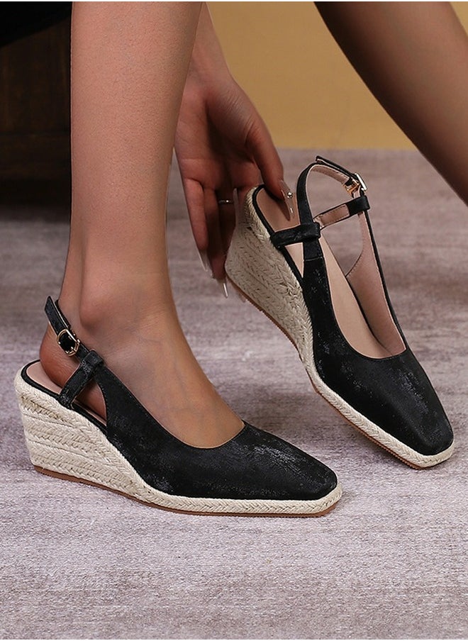 Espadrilles Wedge Sandals Closed Square Toe Slingback Buckle Strap Wedges Pumps Platform Heeled Sandal Black