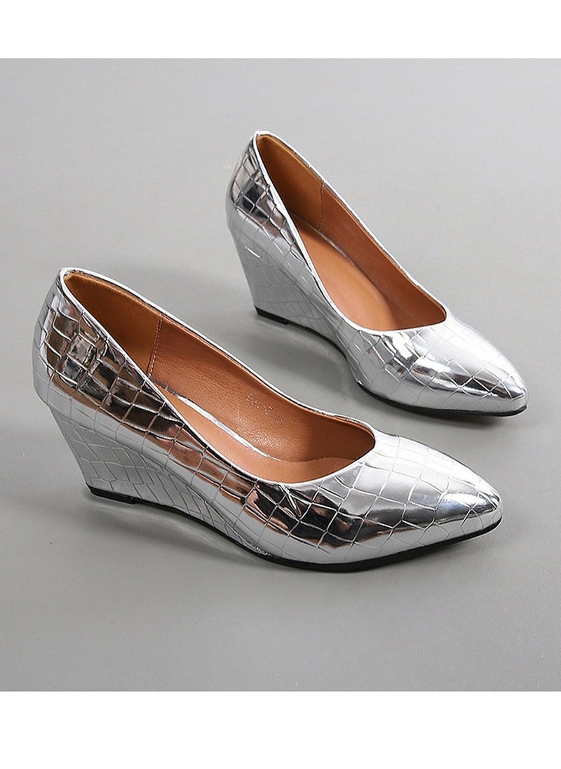 Women's Shiny Platform Wedge Heeled Sandals Slip On Closed Pointed Toe Wedge Pumps Silver