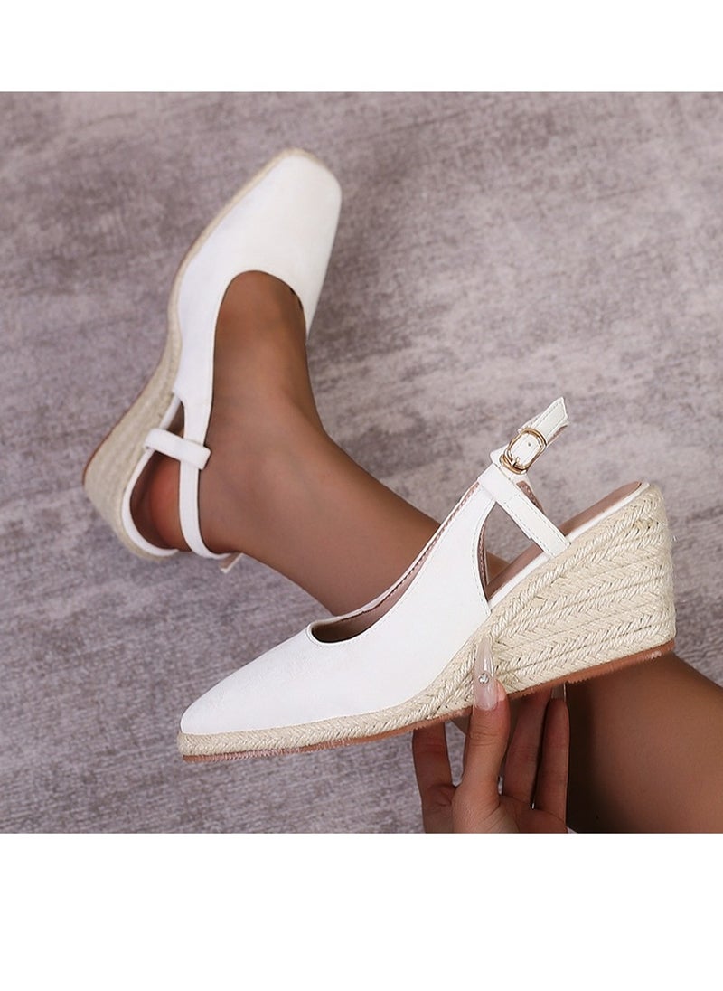 Espadrilles Wedge Sandals Closed Square Toe Slingback Buckle Strap Wedges Pumps Platform Heeled Sandal White