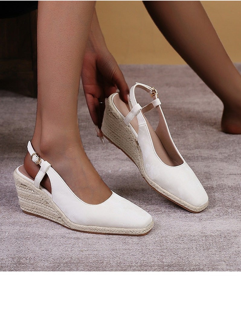 Espadrilles Wedge Sandals Closed Square Toe Slingback Buckle Strap Wedges Pumps Platform Heeled Sandal White