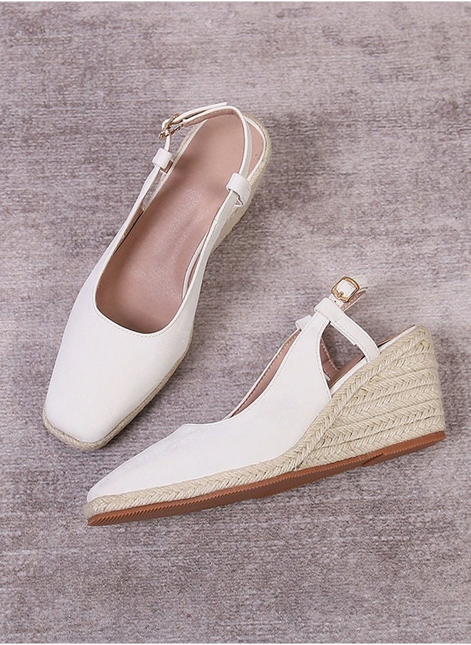 Espadrilles Wedge Sandals Closed Square Toe Slingback Buckle Strap Wedges Pumps Platform Heeled Sandal White