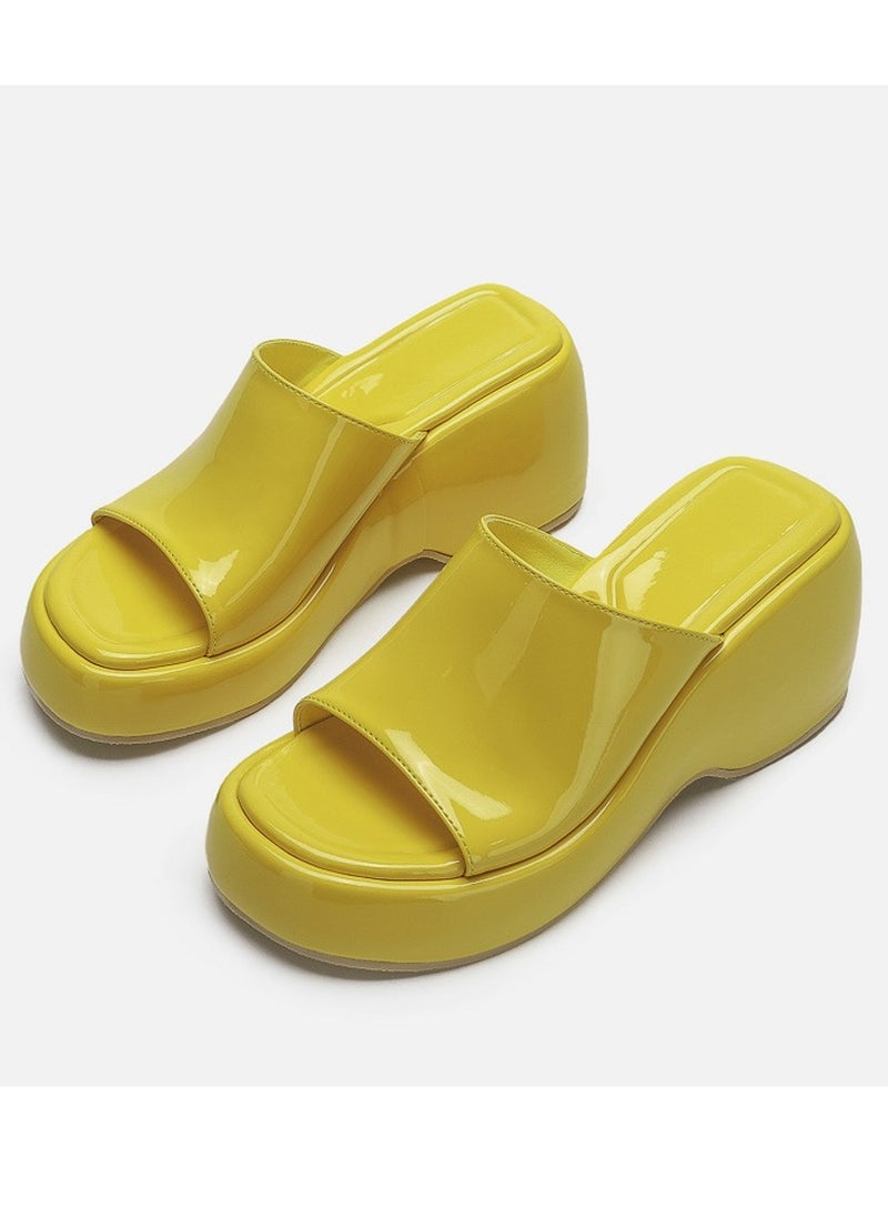 Women's Slip-On Platform Wedge High Heel Sandals Soft Lightweight Casual Open Toe Fish Mouth Walking Slippers Yellow