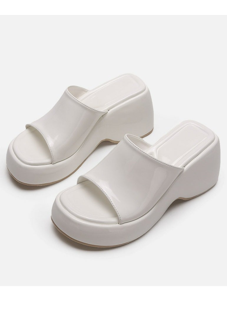 Women's Slip-On Platform Wedge High Heel Sandals Soft Lightweight Casual Open Toe Fish Mouth Walking Slippers White