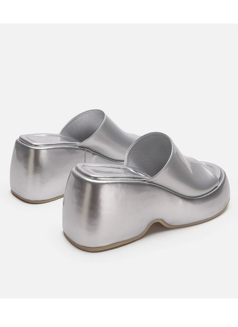 Women's Slip-On Platform Wedge High Heel Sandals Soft Lightweight Casual Open Toe Fish Mouth Walking Slippers Silver