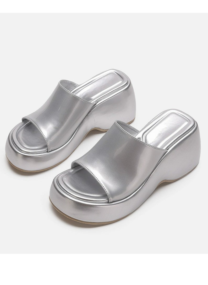 Women's Slip-On Platform Wedge High Heel Sandals Soft Lightweight Casual Open Toe Fish Mouth Walking Slippers Silver