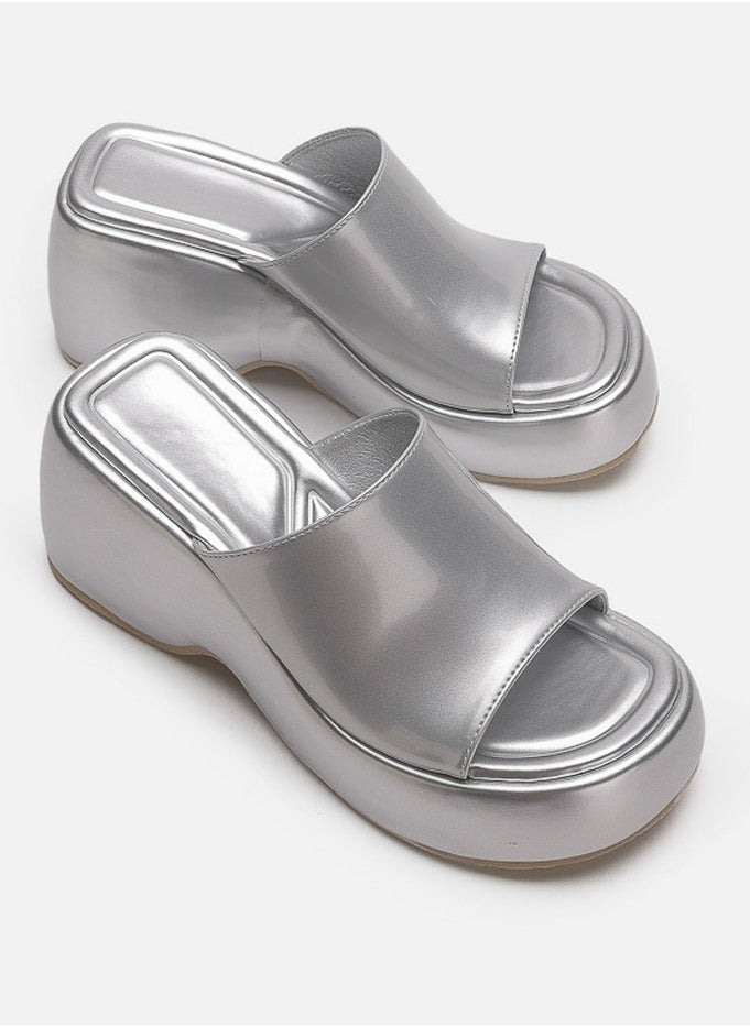 Women's Slip-On Platform Wedge High Heel Sandals Soft Lightweight Casual Open Toe Fish Mouth Walking Slippers Silver