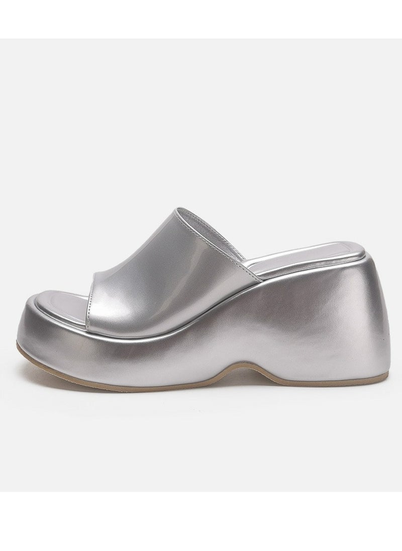 Women's Slip-On Platform Wedge High Heel Sandals Soft Lightweight Casual Open Toe Fish Mouth Walking Slippers Silver