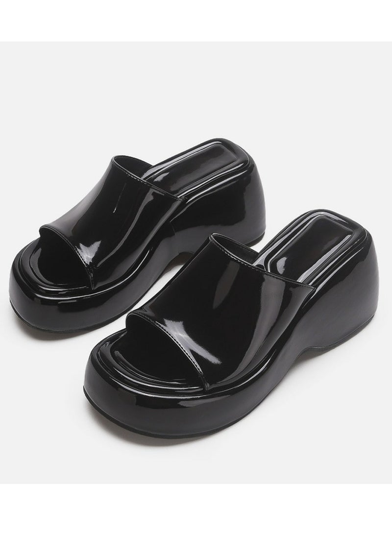 Women's Slip-On Platform Wedge High Heel Sandals Soft Lightweight Casual Open Toe Fish Mouth Walking Slippers Black