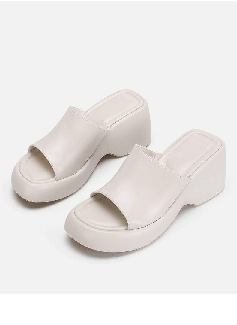 Women's Slip-On Platform Wedge High Heel Sandals Soft Lightweight Casual Open Toe Fish Mouth Walking Slippers Cream White