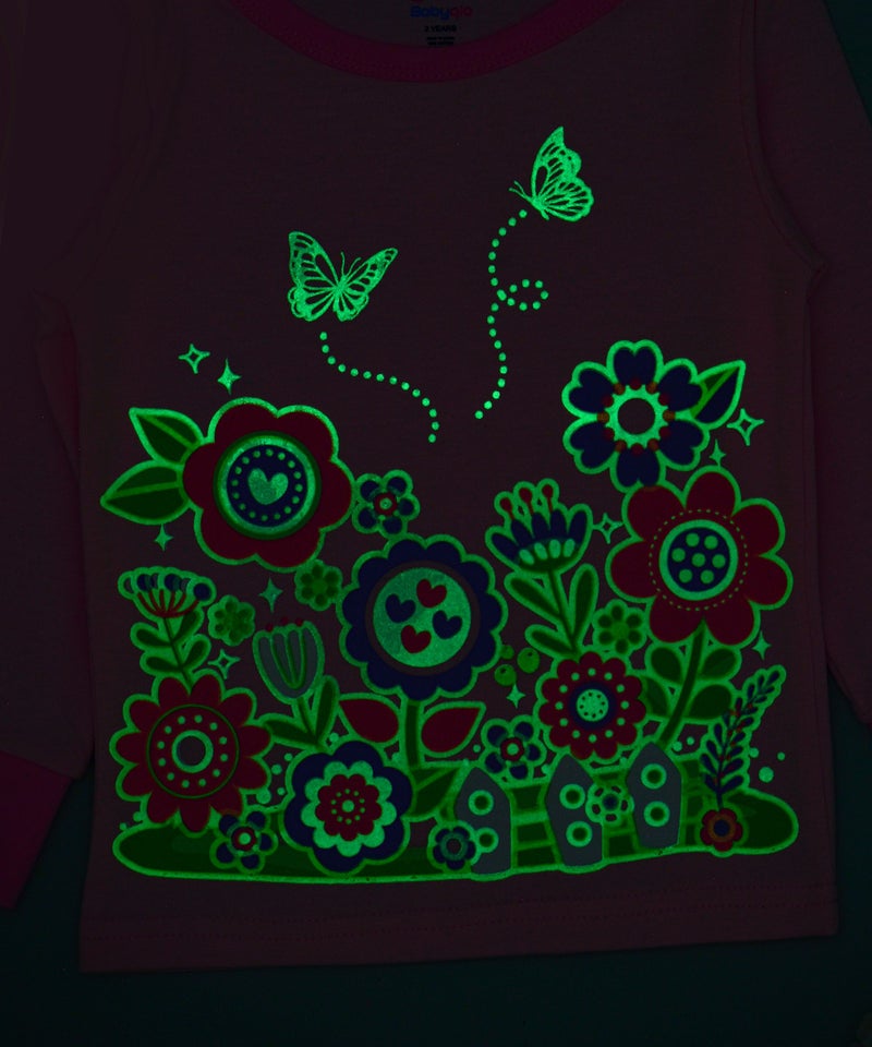 Flowers Printed Glow in the Dark Pajama Sets Pink