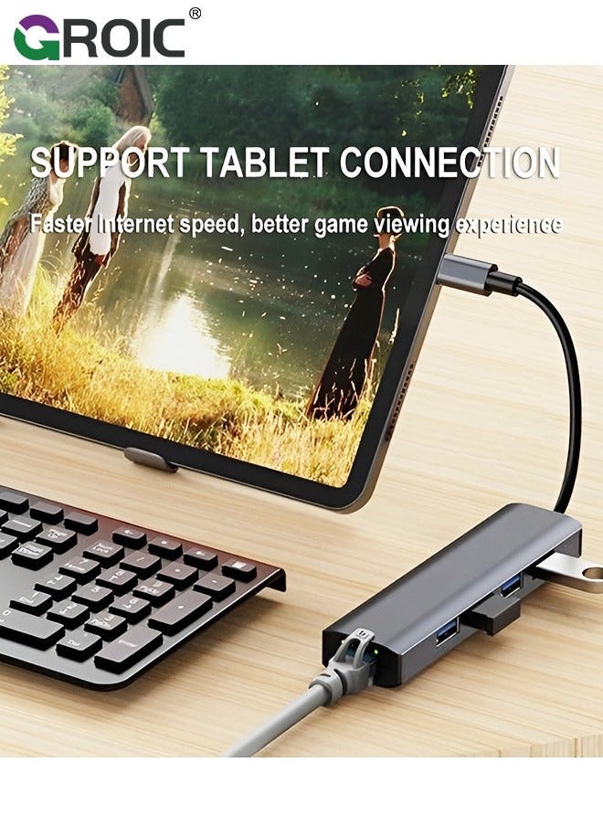 USB Port Expender with LAN, Built in A & C to Ethernet Adapter, Multiple for PC, Mac Alloy Extra 1 Type and 3 Ports RJ45 Hub