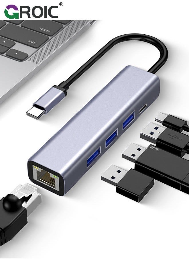 USB Port Expender with LAN, Built in A & C to Ethernet Adapter, Multiple for PC, Mac Alloy Extra 1 Type and 3 Ports RJ45 Hub
