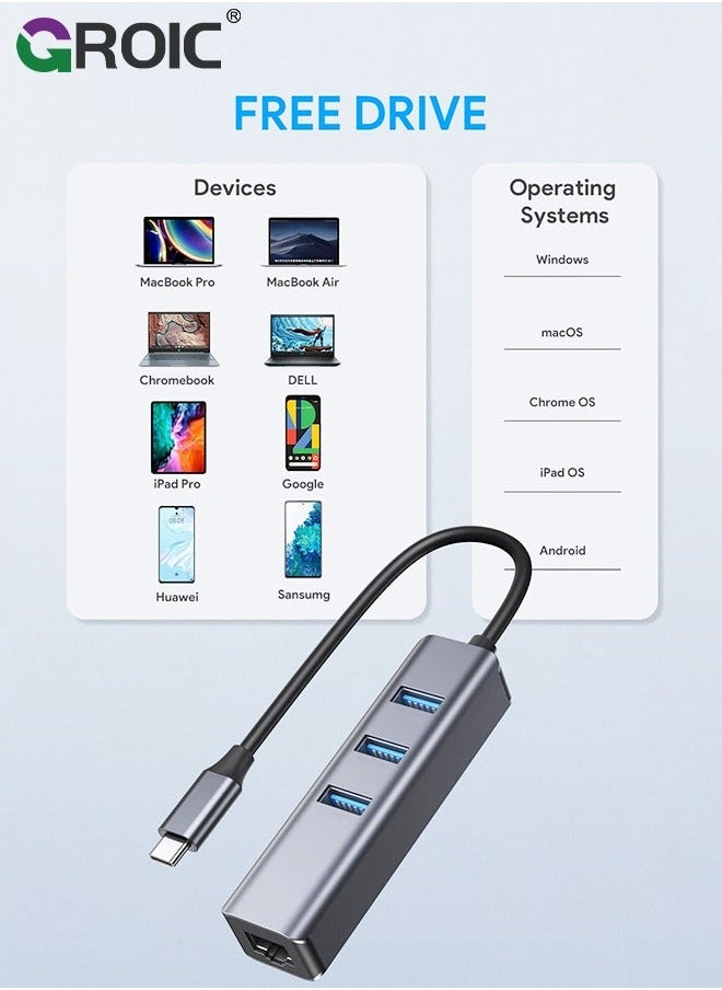 USB C Ethernet Adapter, Hub with 3 3.0 & RJ45 Gigabit,Thunderbolt-4 OTG Network Multiport Dongle for MacBook Pro Air,iMac,iPad,Surface,XPS,Chromebook,Samsung Galaxy S23 Tab S8