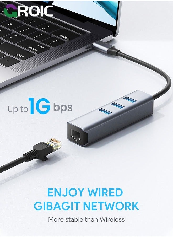 USB C Ethernet Adapter, Hub with 3 3.0 & RJ45 Gigabit,Thunderbolt-4 OTG Network Multiport Dongle for MacBook Pro Air,iMac,iPad,Surface,XPS,Chromebook,Samsung Galaxy S23 Tab S8