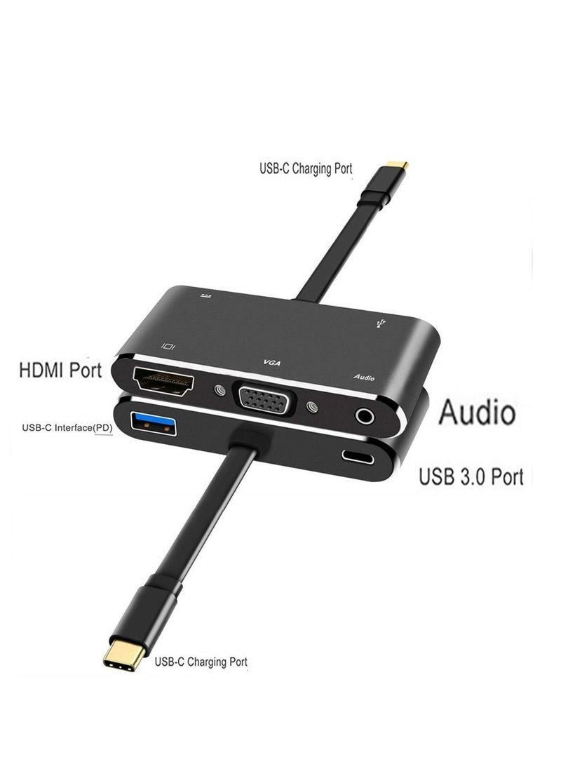 5-In-1 Type-C To HDMI 4K Adapter VGA Cable Audio USB 3.0 PD Converter HUB Black