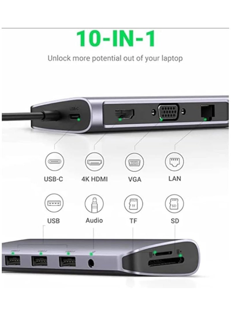 Ugreen 10-in-1 USB-C Hub Space Grey 4K HDMI and FHD VGA Dual Video Output Type C Hub, PD 100W, Gigabit Ethernet