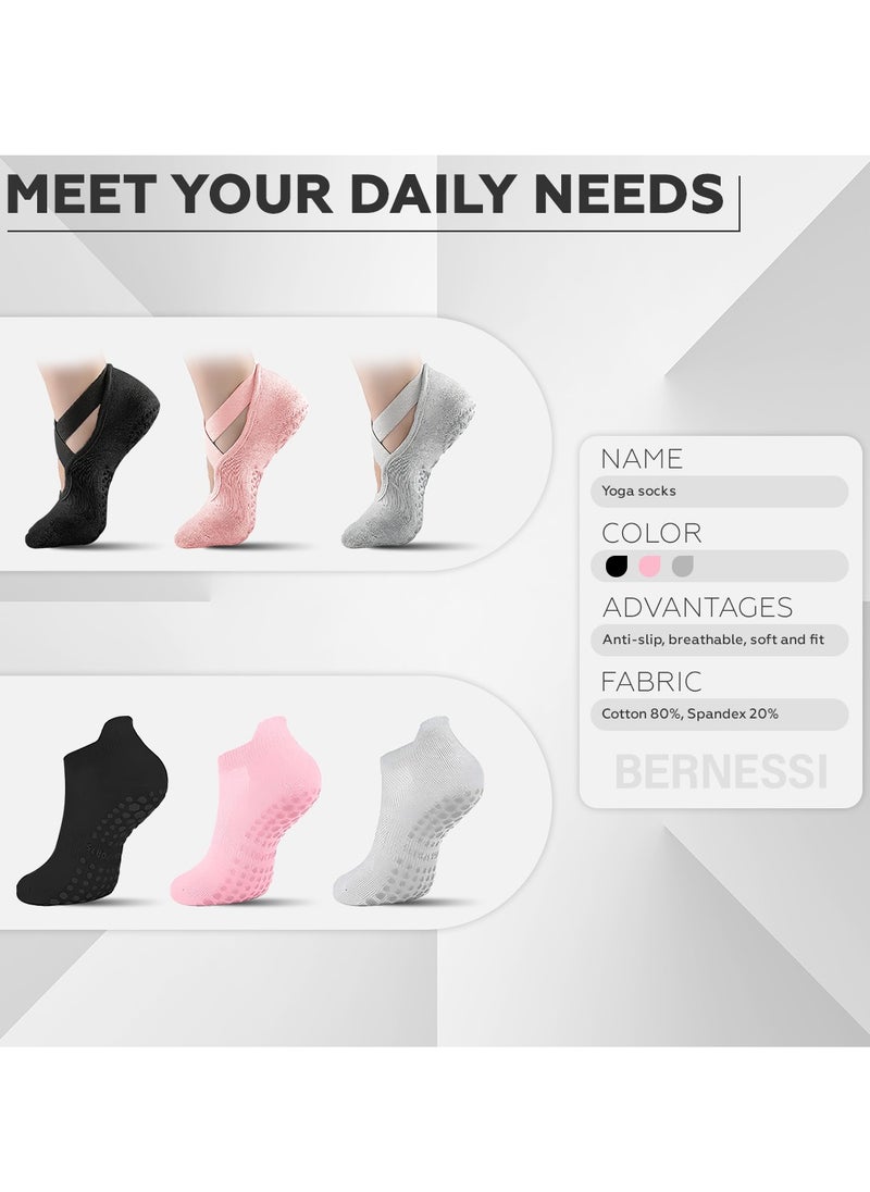 BERNESSI 6 PAIRS Non-Slip Yoga Socks Set for Women 2 Designed 3 Colors, Barre Elastic Workout Pilates Yoga Socks for Yoga Sports Gym Home Barefoot Exercises Dance Ballet
