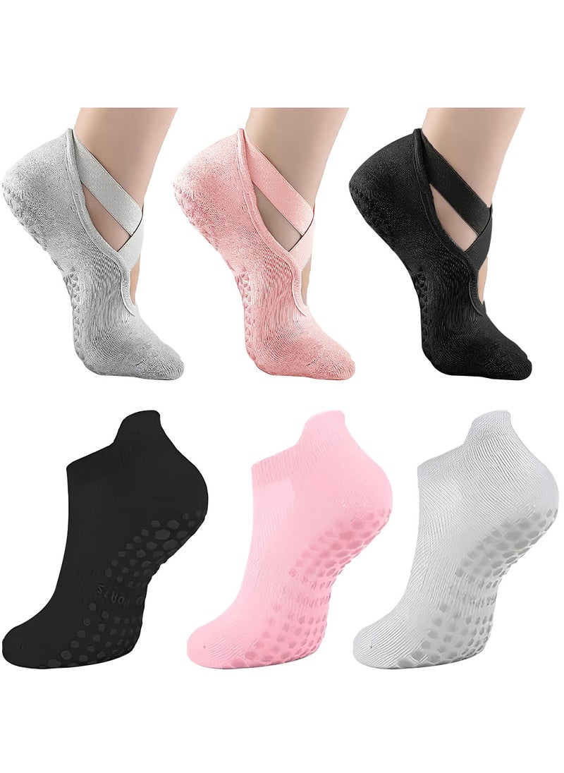 BERNESSI 6 PAIRS Non-Slip Yoga Socks Set for Women 2 Designed 3 Colors, Barre Elastic Workout Pilates Yoga Socks for Yoga Sports Gym Home Barefoot Exercises Dance Ballet