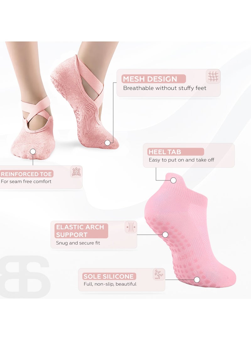 BERNESSI 6 PAIRS Non-Slip Yoga Socks Set for Women 2 Designed 3 Colors, Barre Elastic Workout Pilates Yoga Socks for Yoga Sports Gym Home Barefoot Exercises Dance Ballet