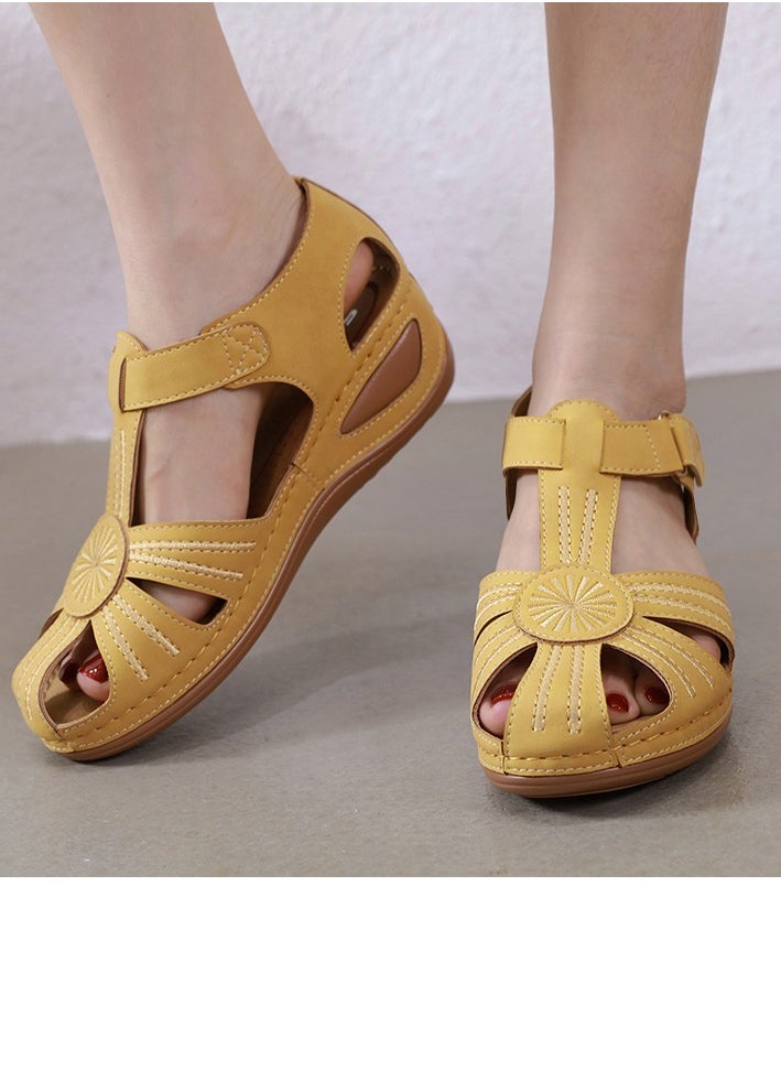 Women's Retro Thick Soled Non Slip Sandals Wedge Fisherman Shoes Lemon Yellow