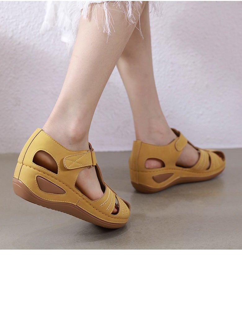 Women's Retro Thick Soled Non Slip Sandals Wedge Fisherman Shoes Lemon Yellow