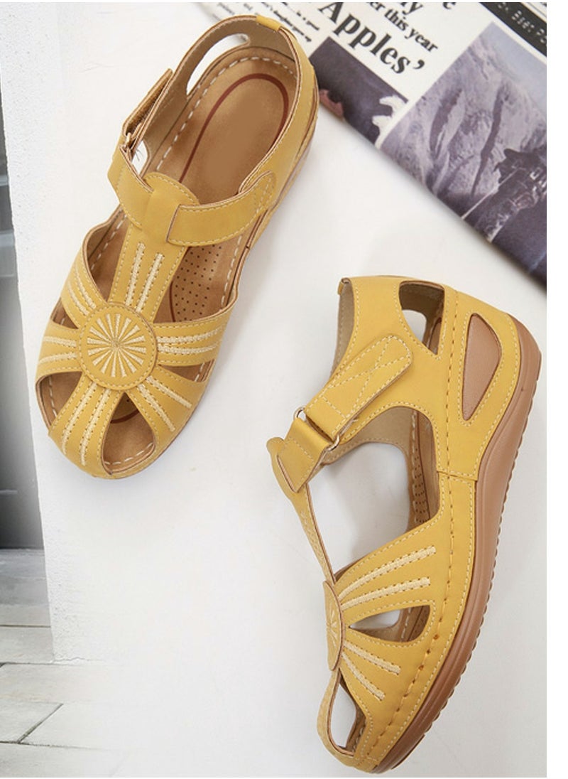 Women's Retro Thick Soled Non Slip Sandals Wedge Fisherman Shoes Lemon Yellow