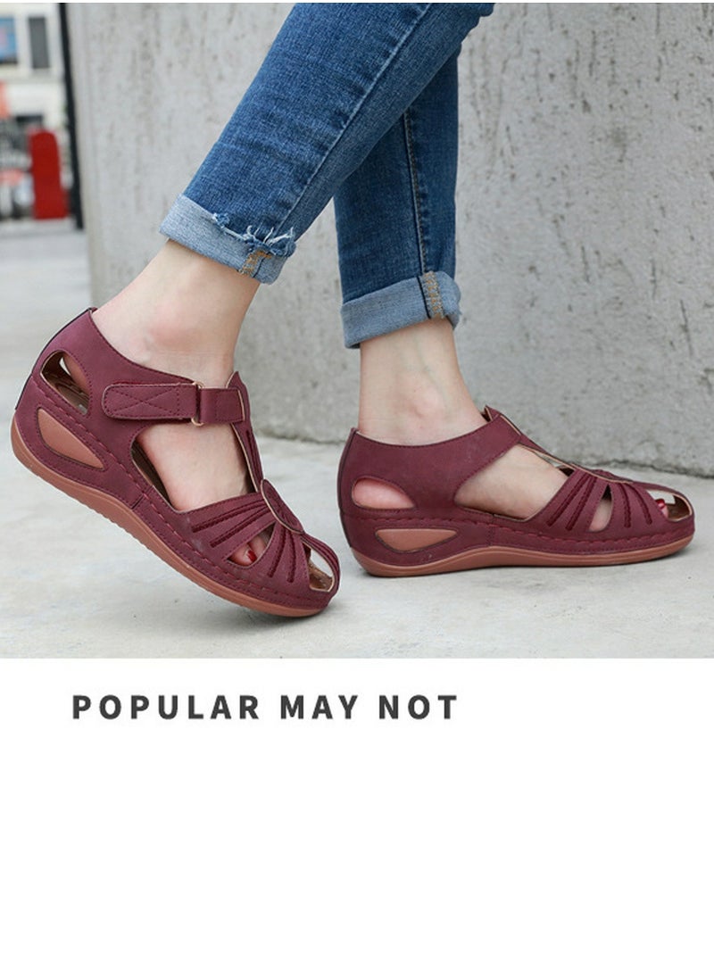 Women's Retro Thick Soled Non Slip Sandals Wedge Fisherman Shoes Purplish Red