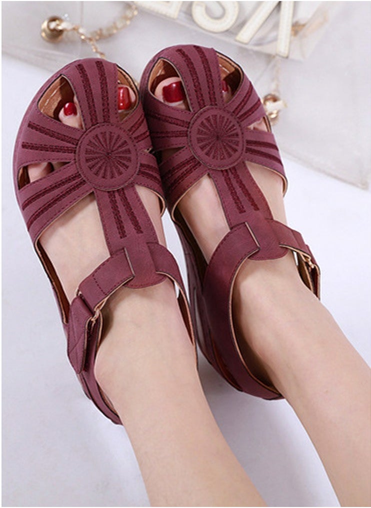 Women's Retro Thick Soled Non Slip Sandals Wedge Fisherman Shoes Purplish Red