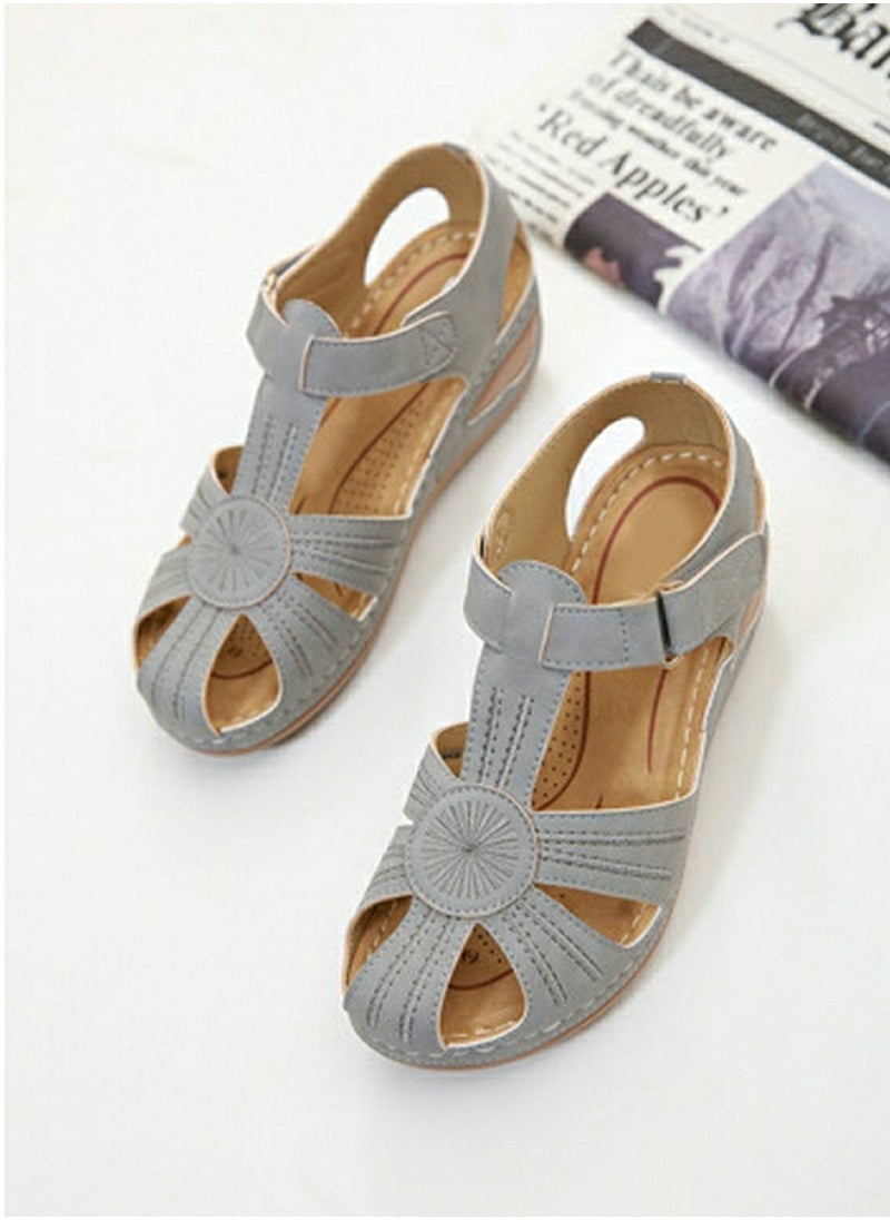 Women's Retro Thick Soled Non Slip Sandals Wedge Fisherman Shoes Grey