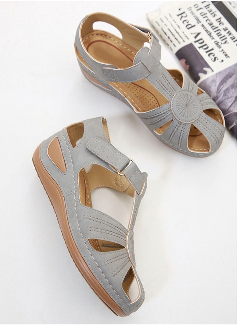 Women's Retro Thick Soled Non Slip Sandals Wedge Fisherman Shoes Grey