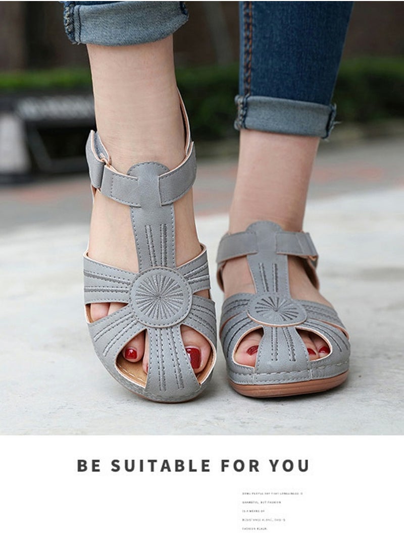 Women's Retro Thick Soled Non Slip Sandals Wedge Fisherman Shoes Grey