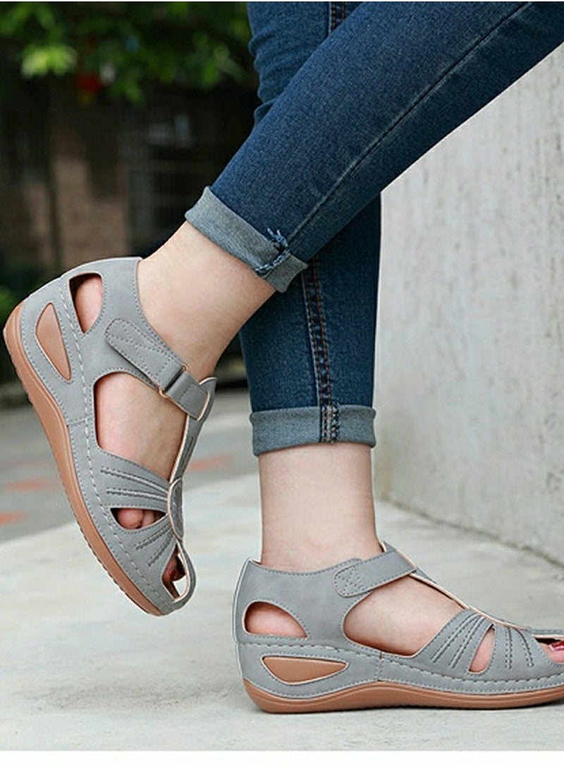 Women's Retro Thick Soled Non Slip Sandals Wedge Fisherman Shoes Grey