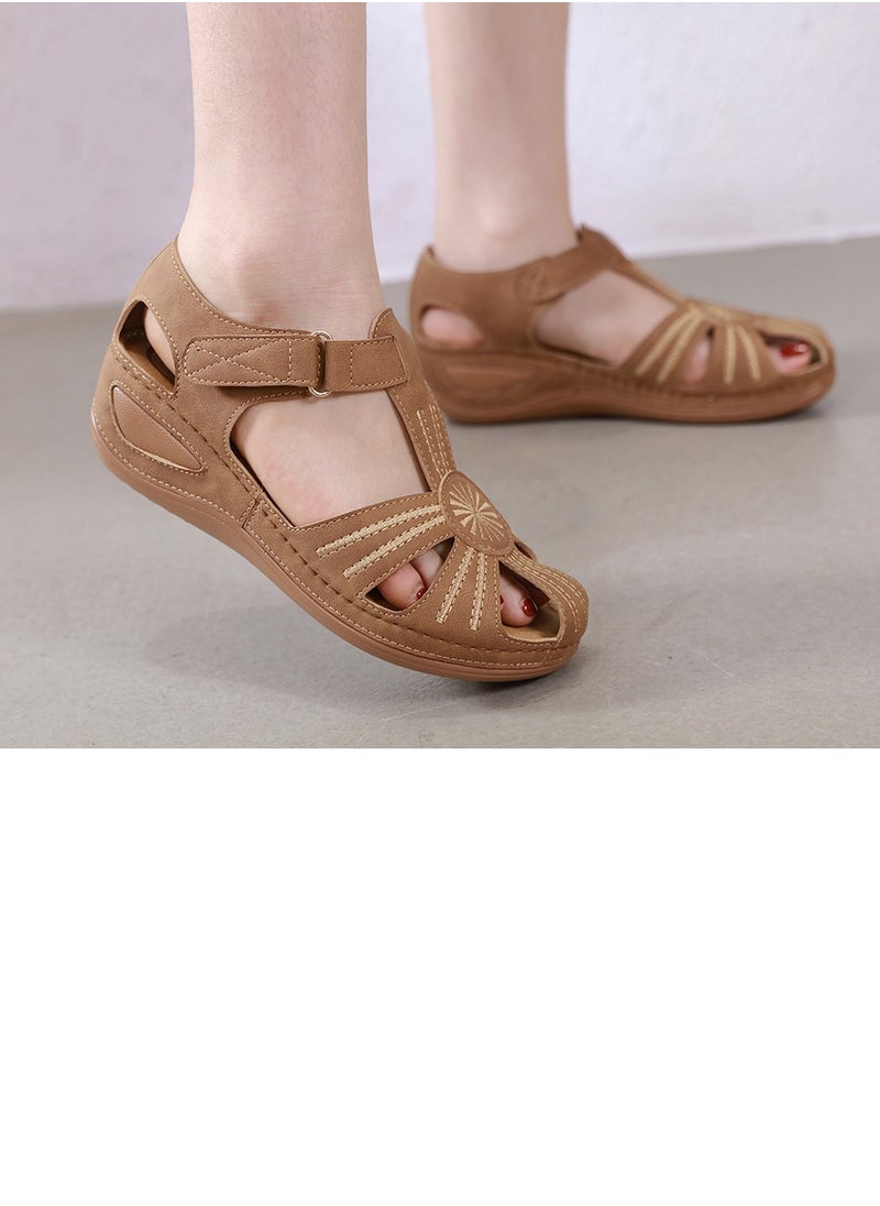 Women's Retro Thick Soled Non Slip Sandals Wedge Fisherman Shoes Brown