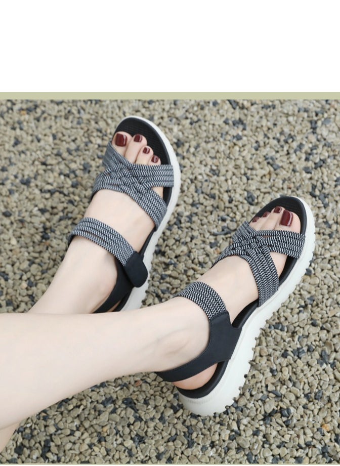 Women's Casual Sports Thick Soled Non Slip Sandals Rubber Band Upper Wedge Shoes  Black