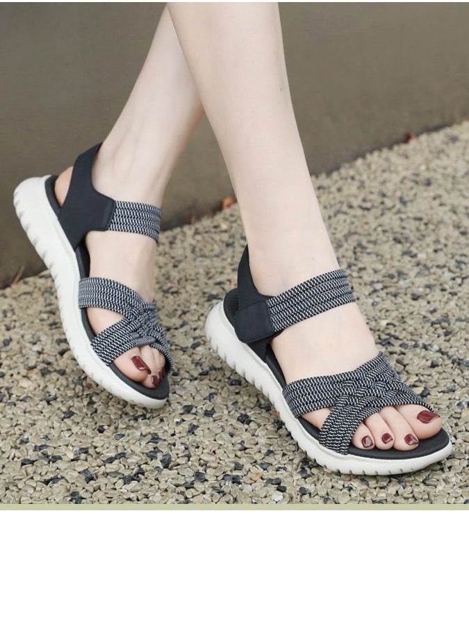 Women's Casual Sports Thick Soled Non Slip Sandals Rubber Band Upper Wedge Shoes  Black